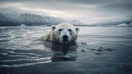 A polar bear in melted water in the Arctic. Environmental issues, Climate change and global warming...