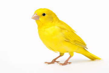 A lone, saffron-hued canary captured in a studio setting against a pristine white backdrop. - obrazy, fototapety, plakaty