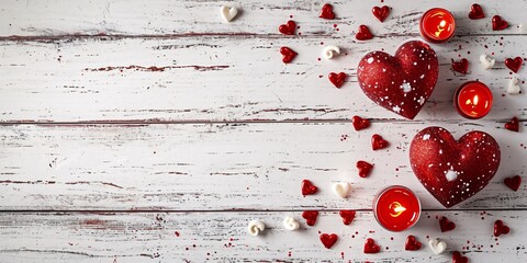 Valentine's Day theme with red heart presents and candles on a white wooden backdrop.