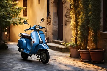Vintage-style blue scooter resting on the side of a picturesque alley in a quiet Italian village, with sunlight casting a warm glow on the scene