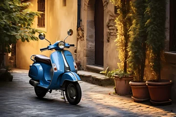Cercles muraux Scooter Vintage-style blue scooter resting on the side of a picturesque alley in a quiet Italian village, with sunlight casting a warm glow on the scene