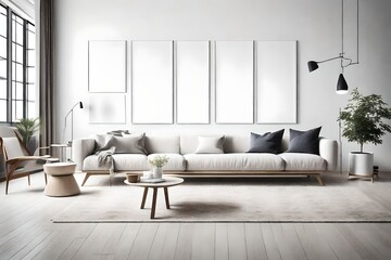 Embrace simplicity with a minimalist living room backdrop, adorned with a blank white frame on the wall, echoing the beauty of Scandinavian interior design.