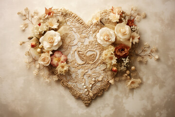 A vintage retro heart with ivory roses flowers and soft floral accents in soft pastel earthy beige colors. Love concept