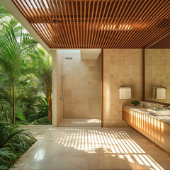 a modern bathroom in the style of Oscar Niemeyer made with Generative AI