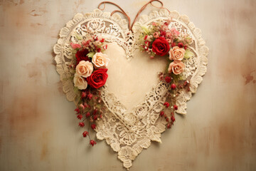 Timeless lace heart with a mix of red and peach roses on a floral backdrop in retro vintage style. Love concept