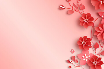 Fototapeta na wymiar Paper cut decor with blooming pink red cherry blossoms in right corner on light rose background with empty copy space for text. Abstract hand craft floral composition