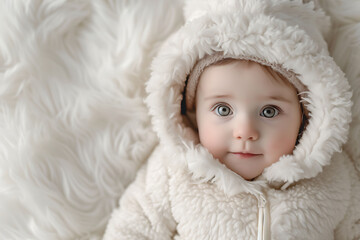 Fototapeta na wymiar aby in Winter Snowsuit, Adorable Infant in White Fluffy Coat, Baby's First Snow Experience