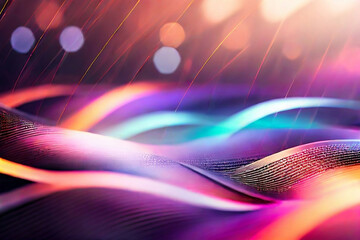 Tangled multicolored ribbons and threads on blurred background. Multicolored abstract waves. Abstract bokeh background.