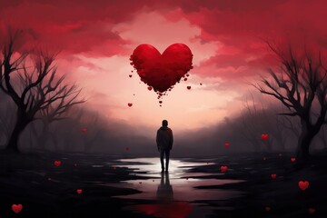 being single and lonely on valentines day.Silhouette of person with broken heart. Suffering through breakup.