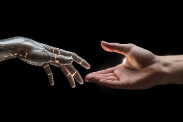 hands of human and robot almost touching isolated on black background. Creation of artificial intelligence. - obrazy, fototapety, plakaty