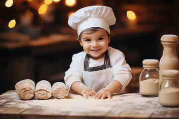 Adorable baby dressed as a chef, donning a chef hat, with a big smile while engaging in playful cooking, showcasing cuteness and adding a touch of humor to the moment.