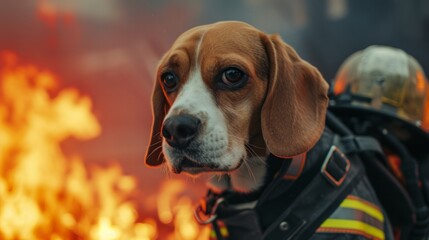 Beagle dressed in a firefighter uniform ready for rescue missions
