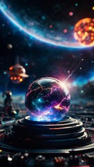 A crystal ball with colorful lightning crackling within, sits atop a black platform. In the background, there are ships and a planet with a ringed atmosphere.