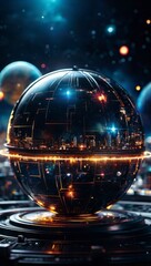 The sphere with the city inside, lit in orange and blue, stands on a dark surface. In the background are 3 other spheres, slightly out of focus. 