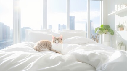 A cute cat is lying on a bed in a modern big house. Beautiful bright interior of an apartment in a big city.