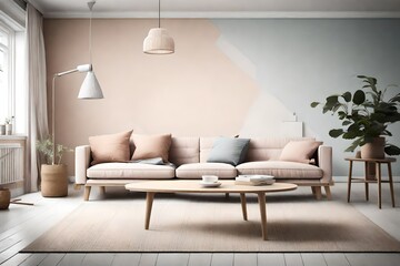 Create a serene ambiance with a Scandinavian living room, complete with a simple sofa and coffee table against an empty wall mock-up, bathed in pastel hues in HD.