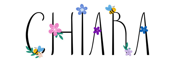 chiara - black color with spring flowers and bees - name written - ideal for websites,, presentations, greetings, banners, cards, books, t-shirt, sweatshirt, prints, cricut, silhouette, sublimation	