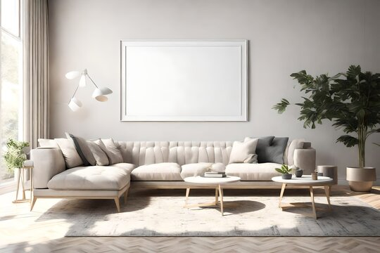 Bask in the simplicity of this 3D-rendered living room, featuring a sleek sofa, an empty wall mockup, and a white blank frame, setting the stage for personalized elegance.