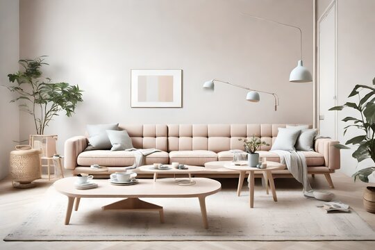 Serene Scandinavian-inspired space, adorned with a contemporary sofa and coffee table, creating a tranquil ambiance in pastel tones.