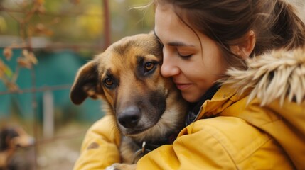 Female volunteer with homeless dog at animal shelter outdoors - obrazy, fototapety, plakaty