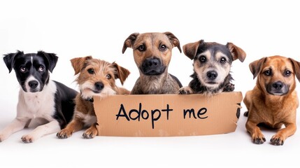 Five homeless dogs to adopt in a row, with a cardboard with words "Adopt me", white background