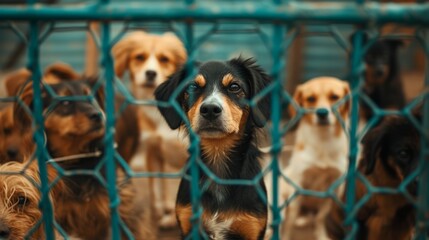 Unwanted and homeless dogs of different breeds in animal shelter. Looking and waiting for people to come adopt. Shelter for animals concept - obrazy, fototapety, plakaty