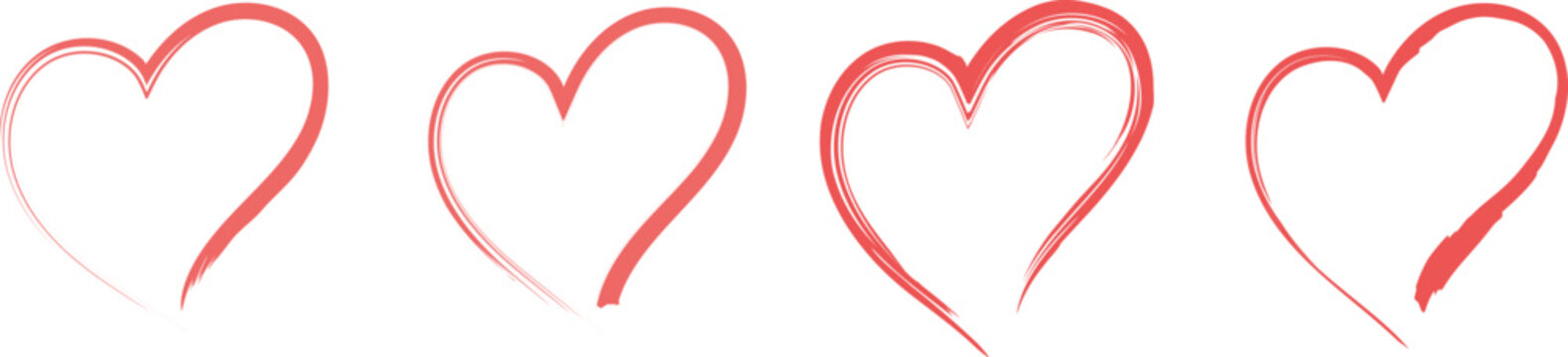 4 red hearts painted with a brush on a white background. 4 contoured hearts drawn with an outline on a white background. Vector graphics. Illustration EPS 10