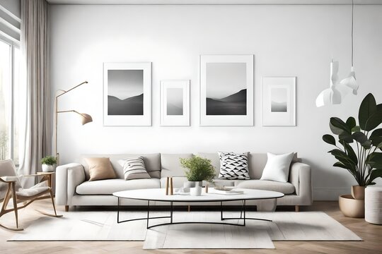 Immerse yourself in the sophistication of a minimalist living room, boasting Scandinavian influences, an empty wall mockup, and a white blank frame inviting personalization.