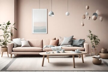Create a serene ambiance with a Scandinavian living room, complete with a simple sofa and coffee table against an empty wall mock-up, bathed in pastel hues in HD.