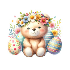 Cute Easter Teddy Bear. Watercolor Illustration Clipart.