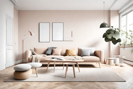 Capture the essence of Scandinavian design in a bright living room, showcasing a modern sofa and coffee table combo against a minimalist pastel palette, with an empty wall perfect for customization.