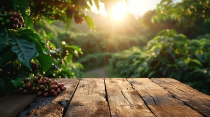 Empty wooden table in a coffee tree farm with a sunny, blur garden background with a country outdoor theme. Template mockup for the display of the product.