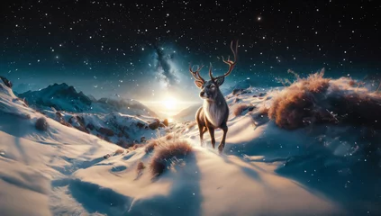 Poster cerf qui marche dans la neige dans un beau paysage hivernal © thomas