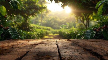 Empty wooden table in a coffee tree farm with a sunny, blur garden background with a country outdoor theme. Template mockup for the display of the product.