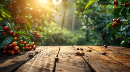 Empty wooden table in a coffee tree farm with a sunny, blur garden background with a country outdoor theme. Template mockup for the display of the product.
