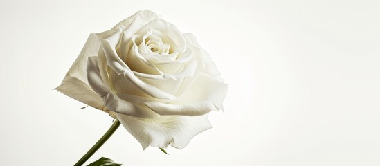 Fototapeta premium The flower is a single white rose with a green stem, belonging to the Rose family. It is a hybrid tea rose and a cut flower commonly used in gardens.