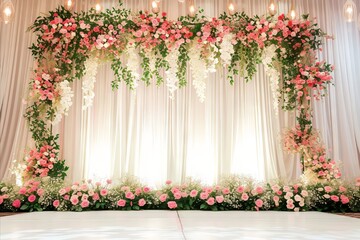 A stage with a curtain that says flowers on it

