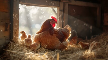 Serene farm scene with hen and chicks in straw nest, warm rustic style. countryside life captured in soft light. AI