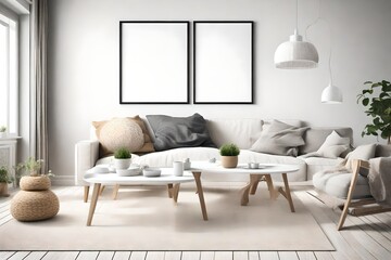 A mock-up of a Scandinavian-style living room, highlighting simplicity in design with a white blank frame on the empty wall, offering a tranquil ambiance.
