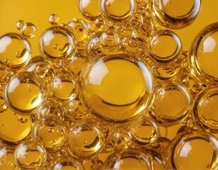 Golden yellow bubble oil or serum isolated on yellow background.