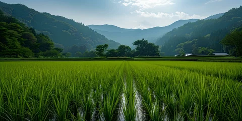 Foto op Canvas Lush green rice paddy field with mountains in the background under a clear sky. perfect for agriculture and nature themes. AI © Irina Ukrainets