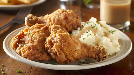 A plate of crispy fried chicken, with a side of mashed potatoes and gravy.