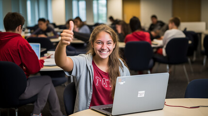 A student giving a thumbs up while working on her laptop, signaling success or understanding, with other young adults in the background in a college setting.