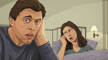 A couple in bed with the focus on the woman's annoyed face as she attempts to ignore the snoring man beside her, showcasing common sleep issues.