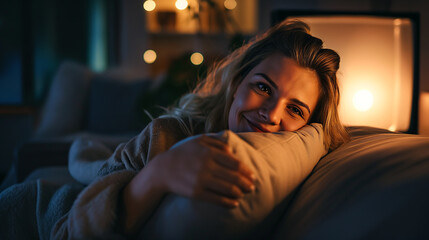 A cute young woman on the sofa, cuddling a pillow with a smile, the TV reflecting in her eyes - Powered by Adobe