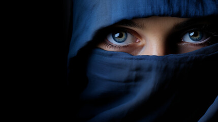 Naklejka premium A woman's face half-covered by a shadow, with one blue eye visible showing resilience, against a dark background, suggesting themes of hope and strength.