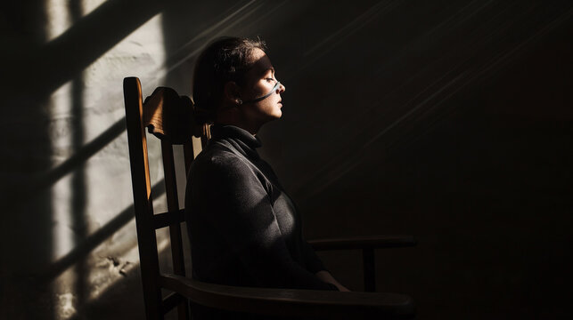 A shadowy figure of a woman bound to an antique wooden chair, a beam of light casting dramatic shadows and highlighting her resolute expression amid the darkness