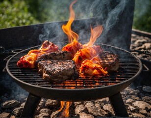 Hot orange flames and smoke rise from a charcoal grill, ready for barbecuing.