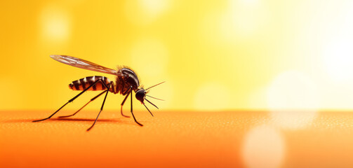 Imagen macro de un mosquito de cerca en fondo naranja. - obrazy, fototapety, plakaty