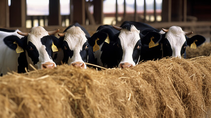 Cows in a row eating hay, showcasing farm animal routine